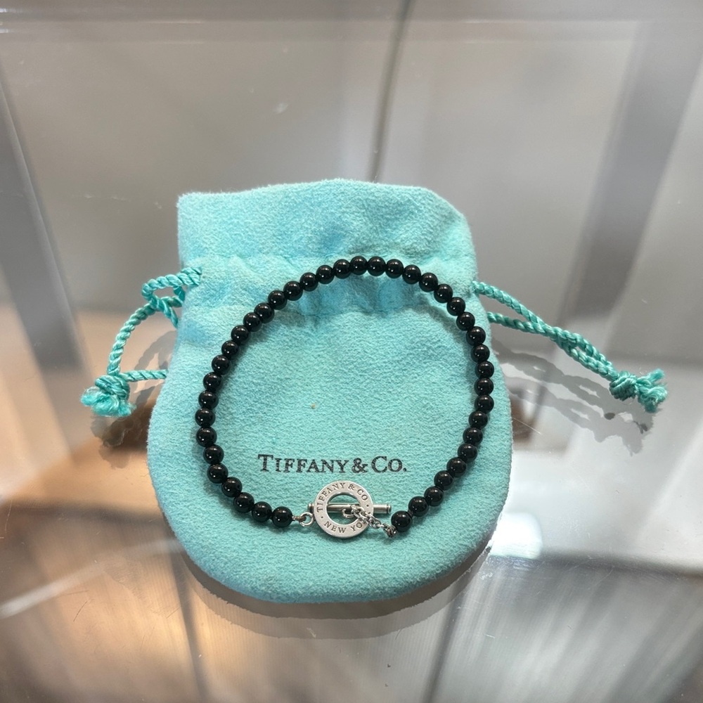 Tiffany & Co Black Onyx 4mm Bead Toggle Sterling Silver Bracelet